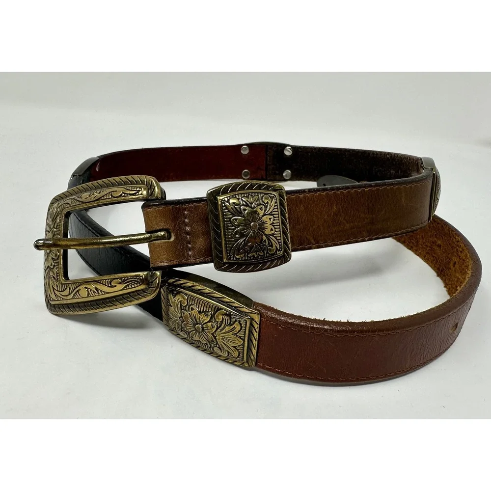 Brighton Womens Leather Belt Floral Brass Buckle Multi Tone Brown Black Western